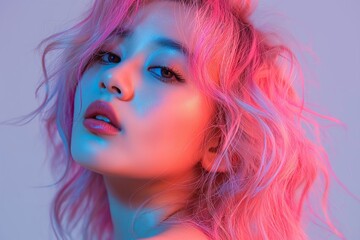 Canvas Print - Woman with tousled pink hair under vibrant blue and pink lighting looks seductively at the camera