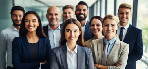 Portrait of group business people standing together in the office, happy teamwork looking at camera