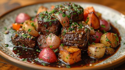 Wall Mural - Highlight the richness and complexity of flavors in a plate of beef bourguignon, featuring tender beef stewed in red wine