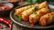 Zoom in on a plate of crispy spring rolls, featuring golden-brown wrappers filled with a savory mixture of vegetables, shrimp