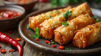 Canvas Print - Zoom in on a plate of crispy spring rolls, featuring golden-brown wrappers filled with a savory mixture of vegetables, shrimp