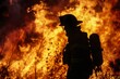 A silhouette of a firefighter, equipped with helmet and gear, valiantly fighting a vast and intense wildfire. The scene captures the heroism and danger faced by fire service personnel.