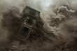 Dramatic apocalyptic scene depicting a dilapidated building collapsing amidst dense, dark dust clouds. This artwork showcases a desolate, haunting environment