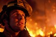 Close-up of a firefighter's intense face illuminated by the glow of a fierce fire during a nighttime emergency response.