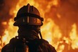 A focused firefighter wearing protective gear stands ready against a dramatic backdrop of intense flames during a nighttime emergency response scenario.