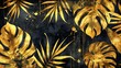 Gold and black tropical leaves on a vintage background modern. Tropical jungle creeper plant stem with a golden smear of paint. Excellent wedding invitation cards and holiday sales.
