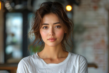 Wall Mural - Young Asian woman poses in white shirt against a blurred brick wall background in contemporary interior