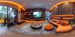 An immersive 360-degree equirectangular panorama of a high-tech entertainment room in a modern house, with LED strips integrated