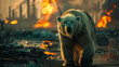 a polar bear walking across the artic tundra, oil refinery on fire in the background,generative ai