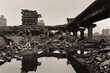 Powerful image of an urban disaster zone with a crumbling infrastructure, showcasing demolished buildings and a collapsed bridge reflected in water.