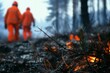 Two firefighters clad in vivid orange protective gear walk away through a dim, smoke-filled forest, highlighting the dangers and response efforts amid a wildfire scenario.