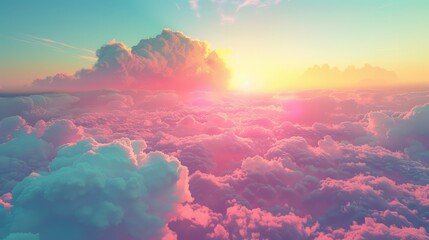 Wall Mural - A beautiful pink and blue sky with clouds and a sun. The sky is filled with fluffy clouds and the sun is shining brightly. The sky is a mix of pink and blue, creating a serene and peaceful atmosphere