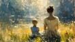 A serene painting of a mother and child enjoying a sunny day in the park