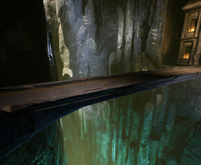 Wall Mural - 3D rendered fantasy cave interior with a bridge 