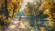 A serene painting of a mother and child enjoying a sunny day in the park