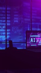 Wall Mural - work of artificial intelligence on a laptop screen in night office. 3d render
