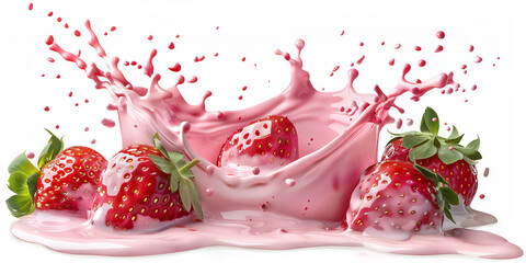 Sticker - Splash of strawberry milk with strawberry fruit isolated on white background, pink milk, pink liquid splash.