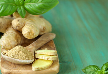 Poster - ground and fresh ginger spices for healthy eating