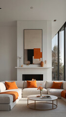 Villa living room, modern minimalist style, white walls with a few orange accents, exuding a sense of luxury