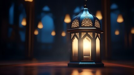 Sticker - Ramadan Kareem greeting card. Arabic lantern glowing at night. 3D rendering