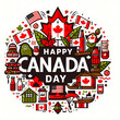 Sign Happy Canada Day with Canadian symbols on white background