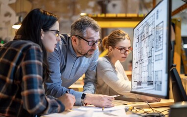 professional architect designer team structural engineer office coworkers looking computer discussing building plan design project