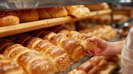 Wall Mural - At a store, a customer's hand reaching for goods displayed on the shelf. Retail experience.
