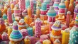 Colorful fantasy cityscape with smiling gummy bears and whimsical buildings