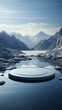futuristic landscape with a floating platform in the middle of a lake surrounded by snow capped mountains