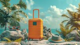 Fototapeta  - An overseas adventure awaits with suitcases a camera cellphone hat and shades in the backdrop, Generated by AI