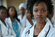 © AI_images - A beautiful African American female doctor standing in front of a team of doctors, discussing patient diagnoses.