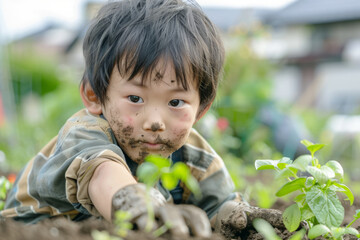 A Japanese boy with dirty hands from gardening, diligently caring for his vegetable garden and planting spring vegetables with enthusiasm.