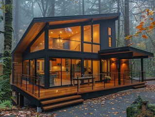 Sticker - Modern Two-Story Cabin in the Woods with Large Windows