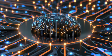 Wall Mural - neural circuit and electronic cyber brain in a quantum computing system, concept of artificial intel