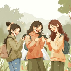 Wall Mural - Three young women looking at their phones in a field