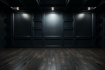 Dark wood paneled room with hardwood floor