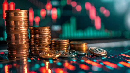 Wall Mural - A stack of coins and a graph with red and green lines. The coins are piled on top of each other and the graph is showing a downward trend