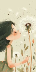 Wall Mural - girl blowing dandelion illustration