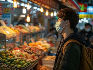 Asian man wearing a mask in a market