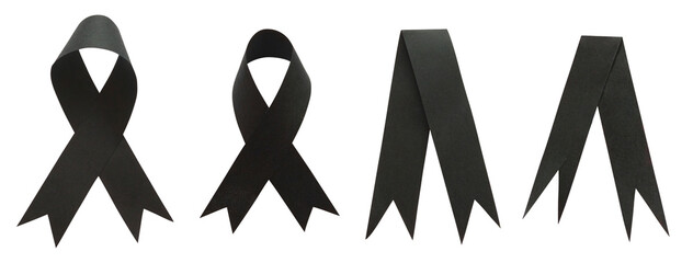 Black ribbons collection. Funeral or memories decorations. Isolated design element on the transparent background.