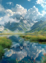 Wall Mural - Mountains and lake in the distance with clouds in the sky