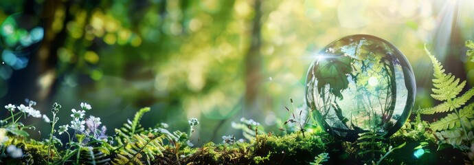 Wall Mural - A green glass globe of the earth stands on moss in front of an enchanted forest, surrounded by ferns and wildflowers