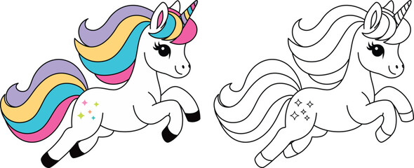 Wall Mural - Cute unicorn cartoon character coloring page vector illustration.