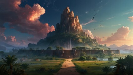 Wall Mural - Illustration of mountains and ancient culture