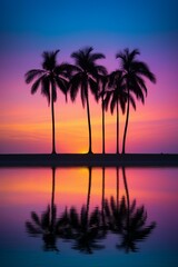 Wall Mural - Palm trees at sunset with a pink sky and purple water