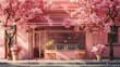 pink cafe storefront with cherry blossoms