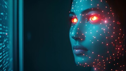 Aufkleber - A digital representation of a human-like face with glowing red eyes.