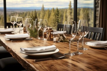 Rustic table set for fine dining in a luxury mountain lodge