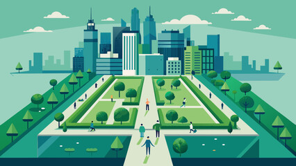 urban park and cityscape illustration with green spaces