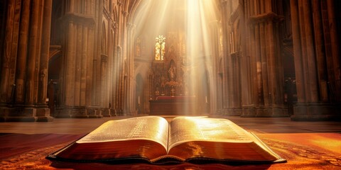 Wall Mural - rays of light shining through stained glass windows in an old church